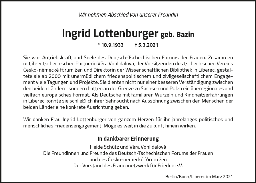 Ingrid Lottenburger Anzeige taz März 2021