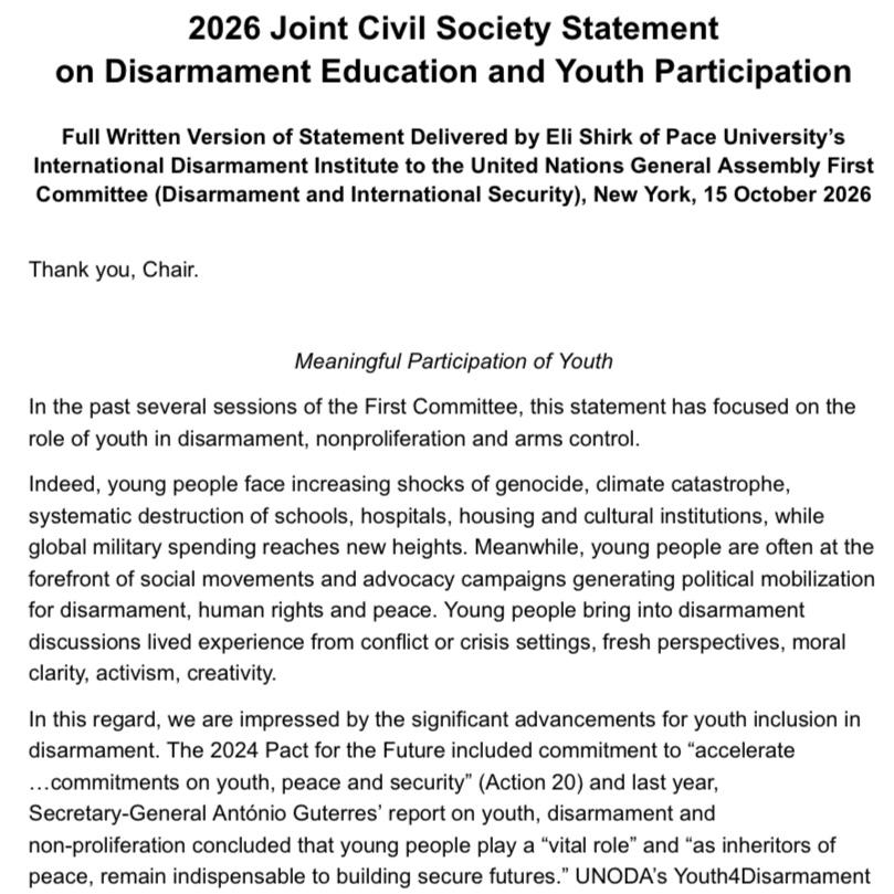 Statement Youth Disararmament 2026